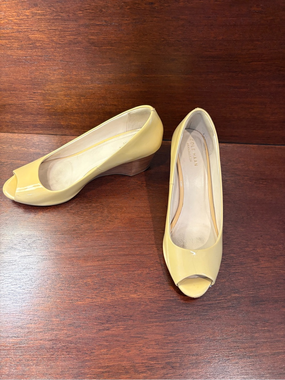 Cole Haan Women's Pale Yellow Patent Peep-Toe Wedges